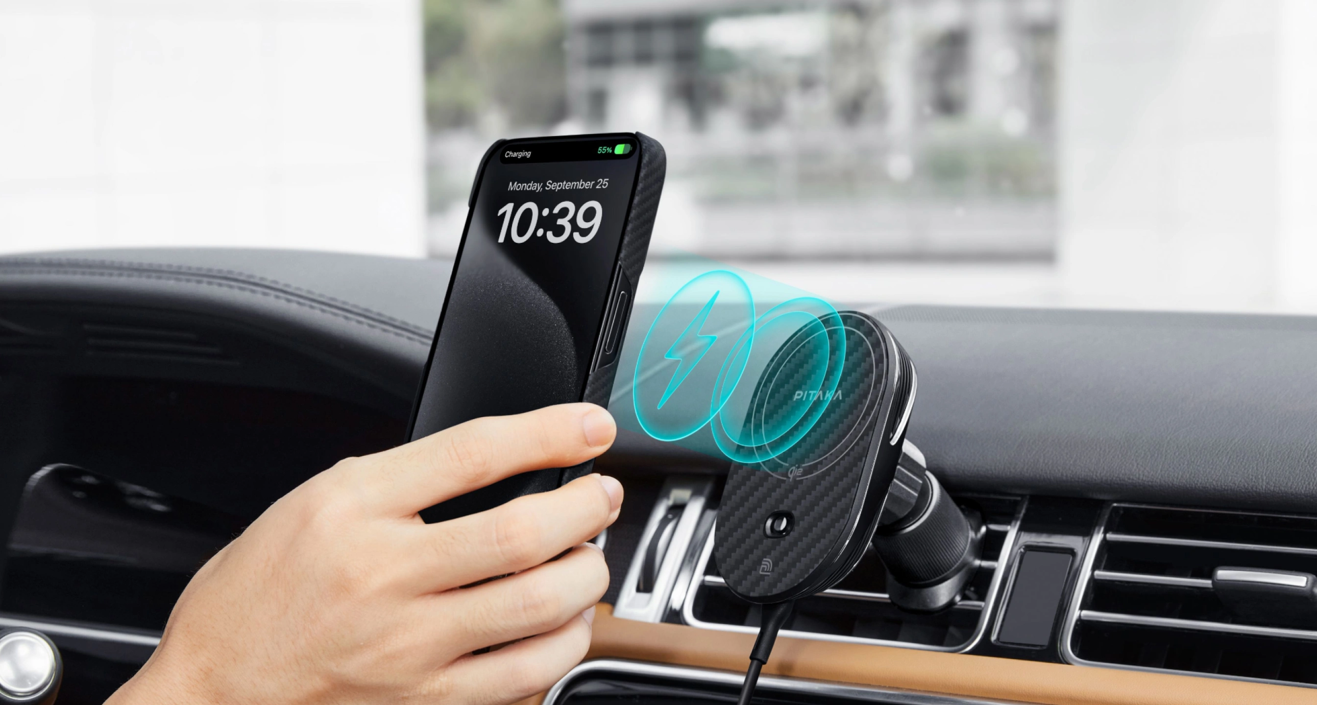 Phone attaching to MagEZ Car Mount for wireless charging