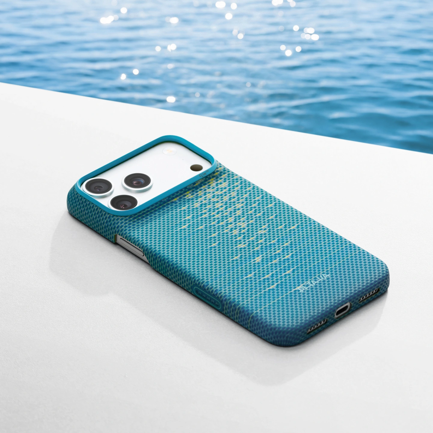 Glints of Gold Lucid Blue Edge Case for iPhone 18 lifestyle
