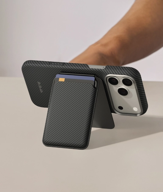 Magnetic Stand Woven Wallet supporting a phone in landscape orientation