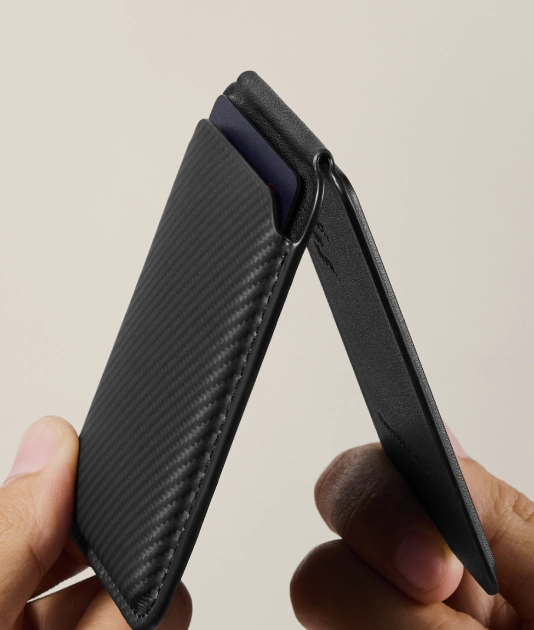 Hinge and interior detail of the Magnetic Stand Woven Wallet