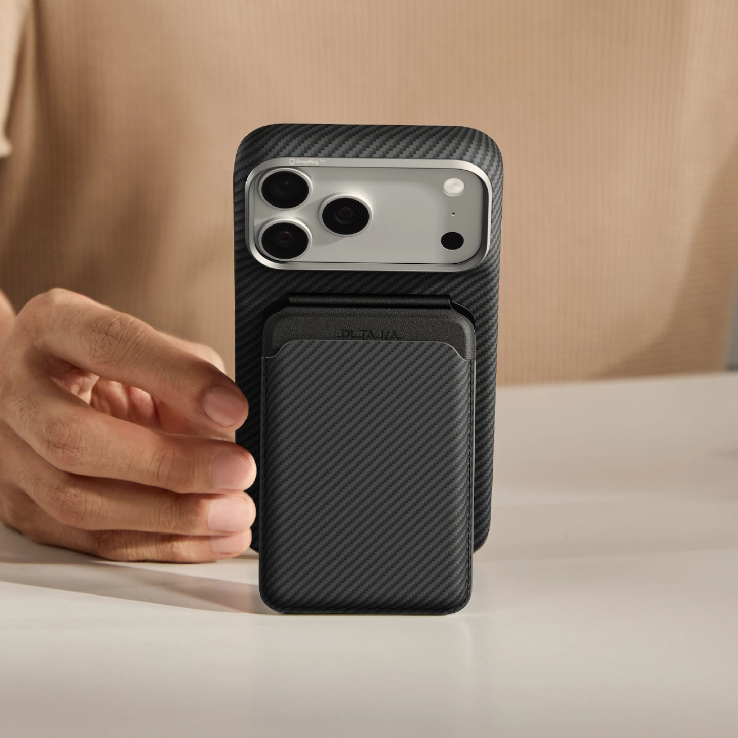 Magnetic Stand Woven Wallet supporting a phone in portrait orientation
