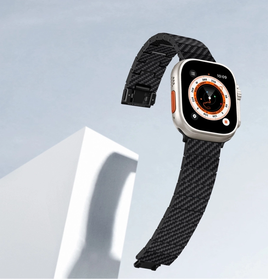 Carbon fiber watch band shown in a lightweight composition