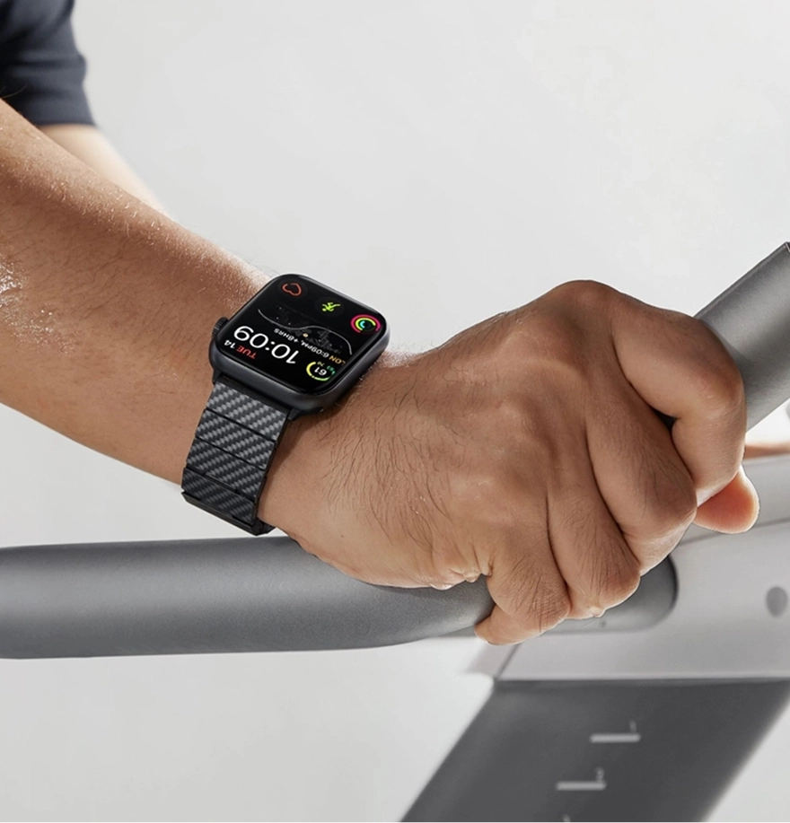 Carbon fiber watch band worn during a workout