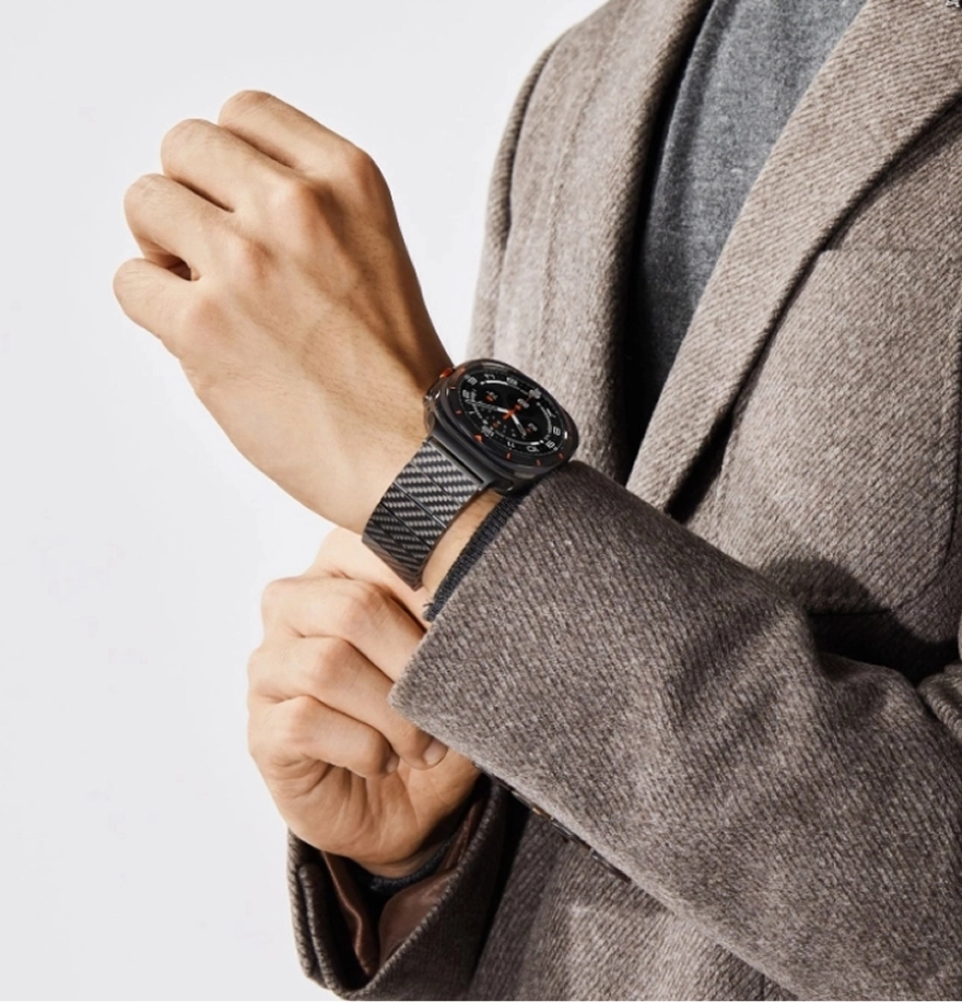 Carbon fiber watch band shown in a lightweight composition