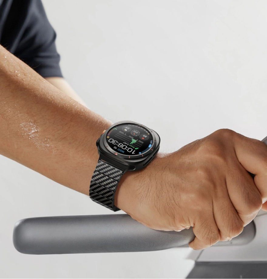 Carbon fiber watch band worn during a workout