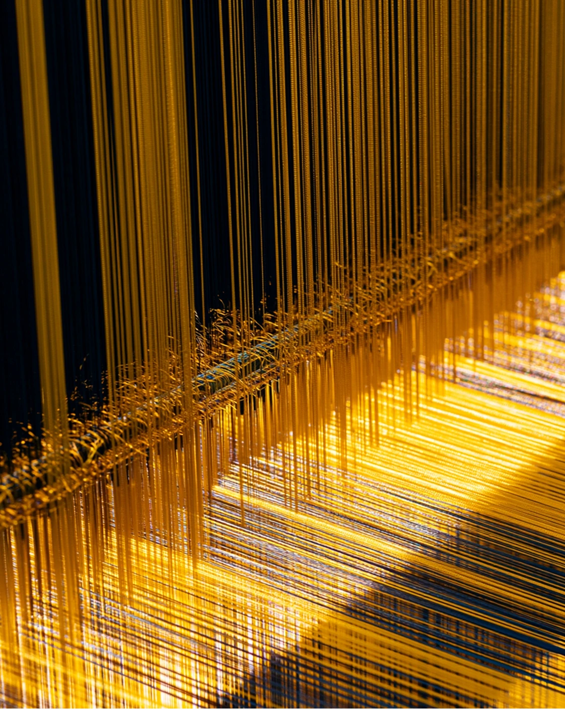 Golden aramid fibers being woven on a loom